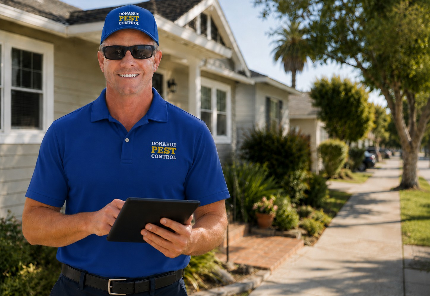Chris Donahue in Donahue Pest Control uniform at a residential property