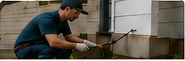 Pest control technician working at a home exterior